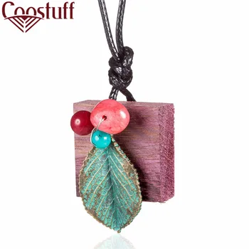 

vintage jewelry Long necklace for woman statement necklaces & pendants Wooden leaves pendant Plant Stone Beads Chokers jewellery
