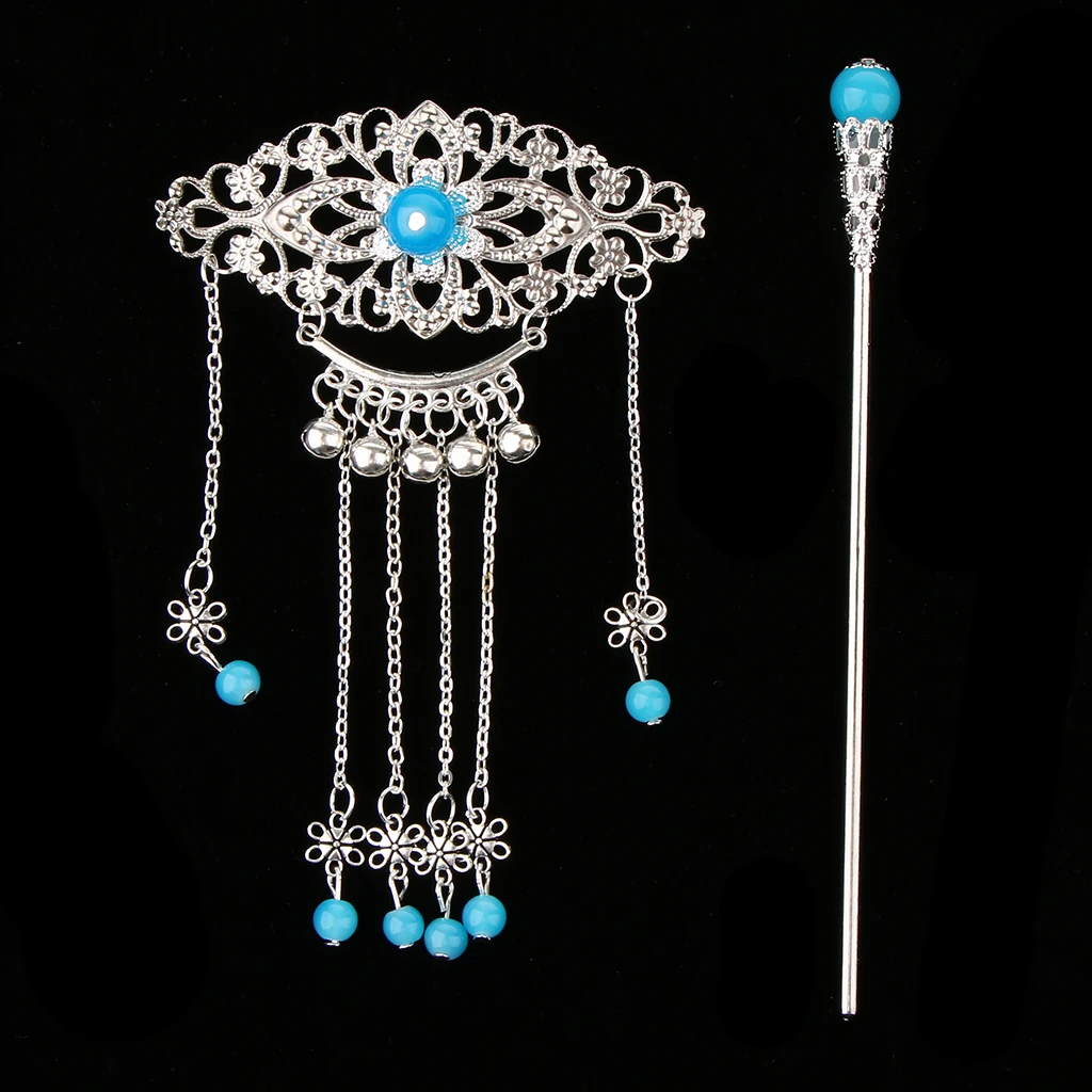 Womens Retro Traditional Chinese Wedding Floral Tassels Bells Hair Stick Chignon Chopsticks Headwear Jewelry