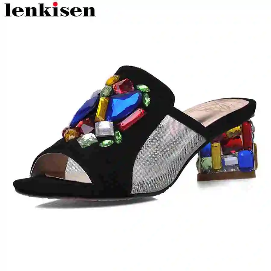 

Lenkisen pop mules European slip on peep toe solid med colorful crystals heels pu mesh mature office women plus size sandals L13