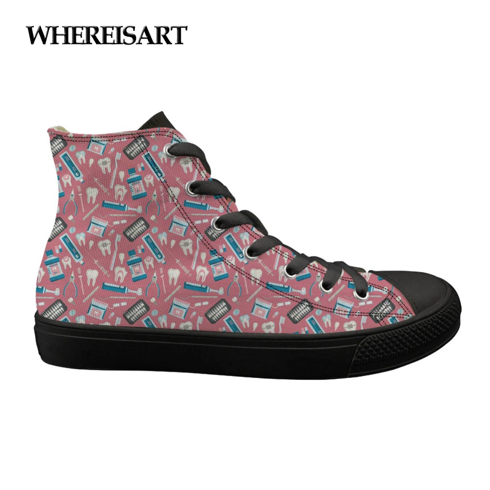

WHEREISART Cartoon Dentist Pattern Womens Vulcanize Canvas Shoes Casual Flats Ladies High Top Fashion Dentista Zapatos Mujer