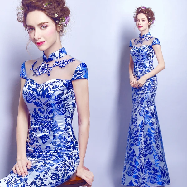 

New Chinese Style Small Stand Colloar Exquisite Embroidery Peony & Phoenix Skinny Mermaid Cheongsam/Mother Dress 1222