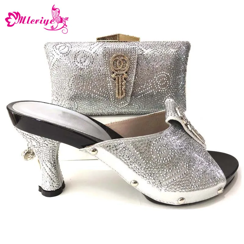 

SILVER Italian Shoes With Matching Bags Set Decorated With Rhinestone Nigerian Shoes And Matching Bags Set Women Shoes Summer