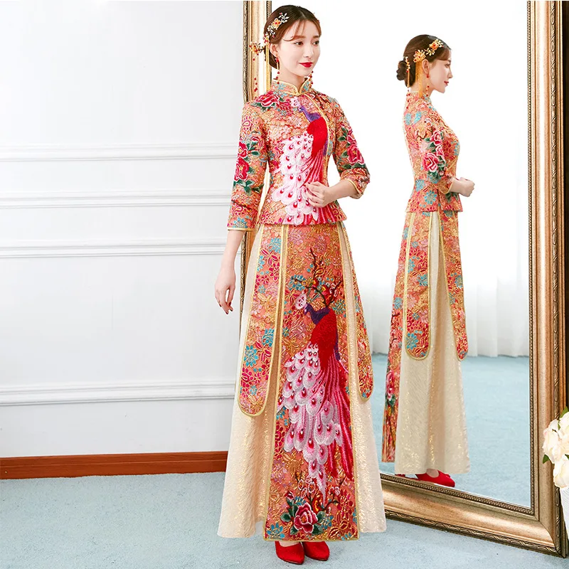Китайский традиционный Чонсам изысканная вышивка невесты свадебное винтажное сценическое шоу одежда элегантный Ципао вечернее платье
