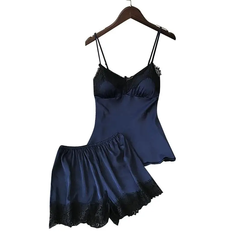 

Sexy Sleeveless Strap ice silk Pajamas female lace camisole comfortable pajamas Top + Shorts with Chest Pad Sets Nightwear