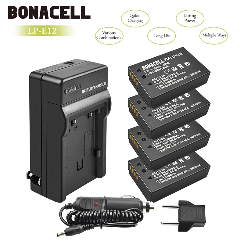 

bonacell 4pcs LP E12 LP-E12 Li-ion Battery + Charger for Canon Rebel SL1 EOS 100D EOS M EOS M2 EOS M10 Mirrorless Digital Camera