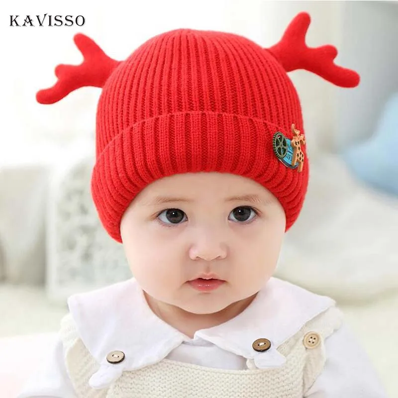 

KAVISSO Korean Style Kute Baby Antlers Hat Winter Warm Earmuffs Hat Toddler Knit Hat 6 Color Newborn Baby Caps Kid 3M-2T