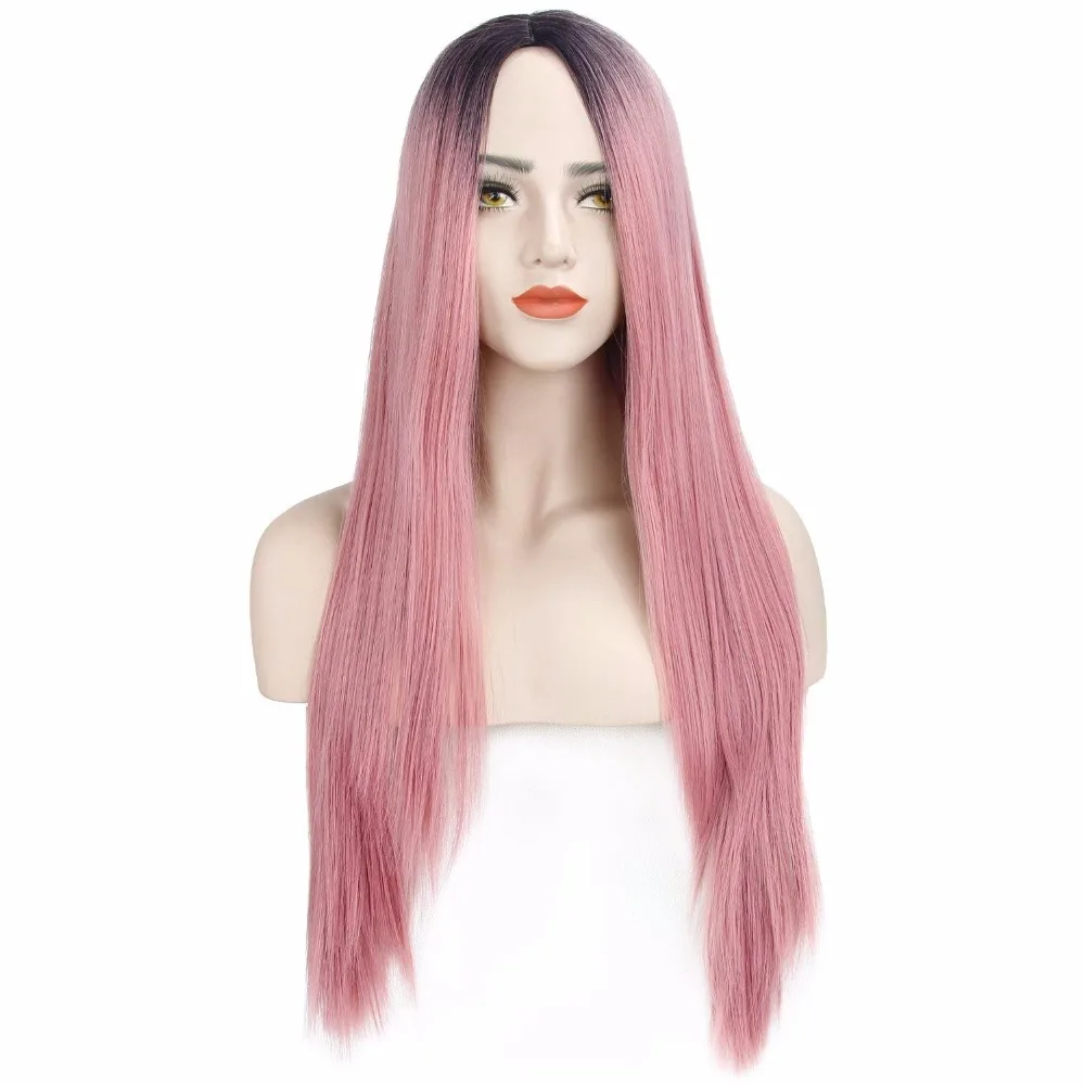 

High Quality Party- Dark Rooted Ombre Classic Pink Straight Wig for Ladies Synthetic Hair Wigs with Middle Parting 22 inches