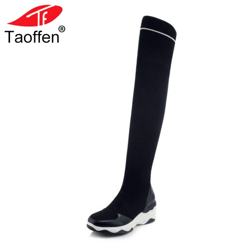 

TAOFFEN Woman Flats Boots Round Toe Over Knee Boots Genuine Leather Women Shoes Fashion Long Boots Ladies Footwear Size 34-39