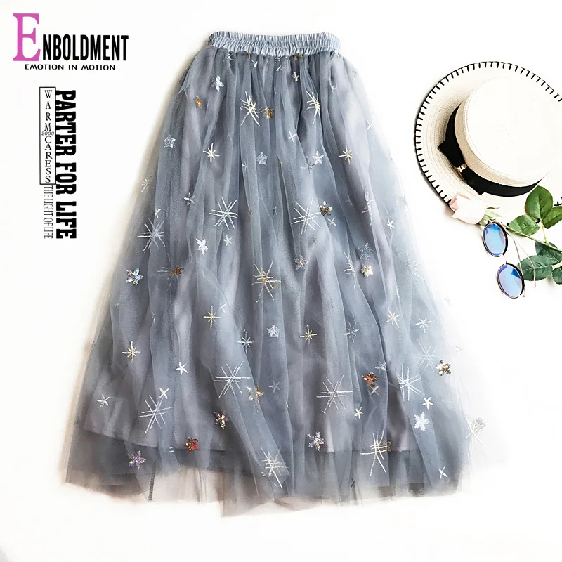 

Sweet Embroidered Women High Waist Tulle Mesh Star Embroidery Pleated Floral Girls School Skirts Snowflake Printed Skirts