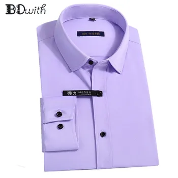 

New Arrival Light PurpleSolid Shirts for Men Long Sleeved Shirt Male Social Business Dress Work Men Business Shirts Formal 4XL