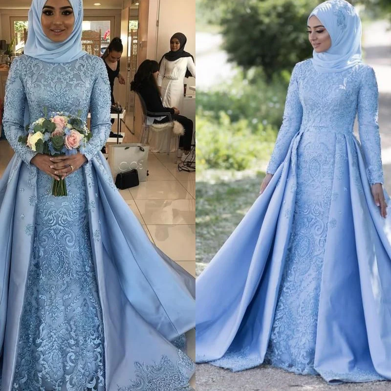 

Modest New Muslin Long Sleeves Evening Dresses With 3D Flowers Adorned Bridal Gowns 2019 Modest Vestidos De Mariage