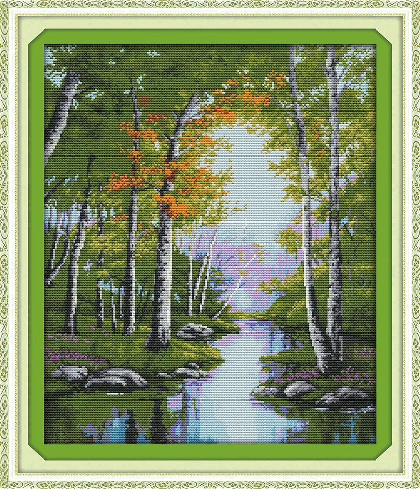 

Joy Sunday The peaceful stream in autumn DMC Counted Chinese Cross Stitch Kits printed Cross-stitch set Embroidery Needlework