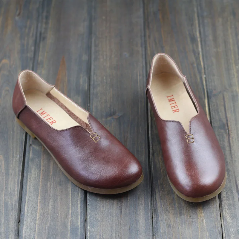 

Women's Shoes Flat 100% Genuine Leather Woman Flat Shoes Coffee Round Toe Slip on Ballet Flats Female Footwear (968-2)