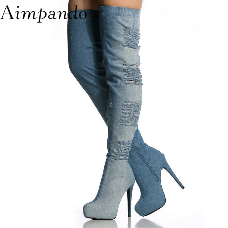 

Elastic Thigh High Boots European Style Sexy Pointed Toe Platform Stiletto Heel Over The Knee Boots Denim Booties