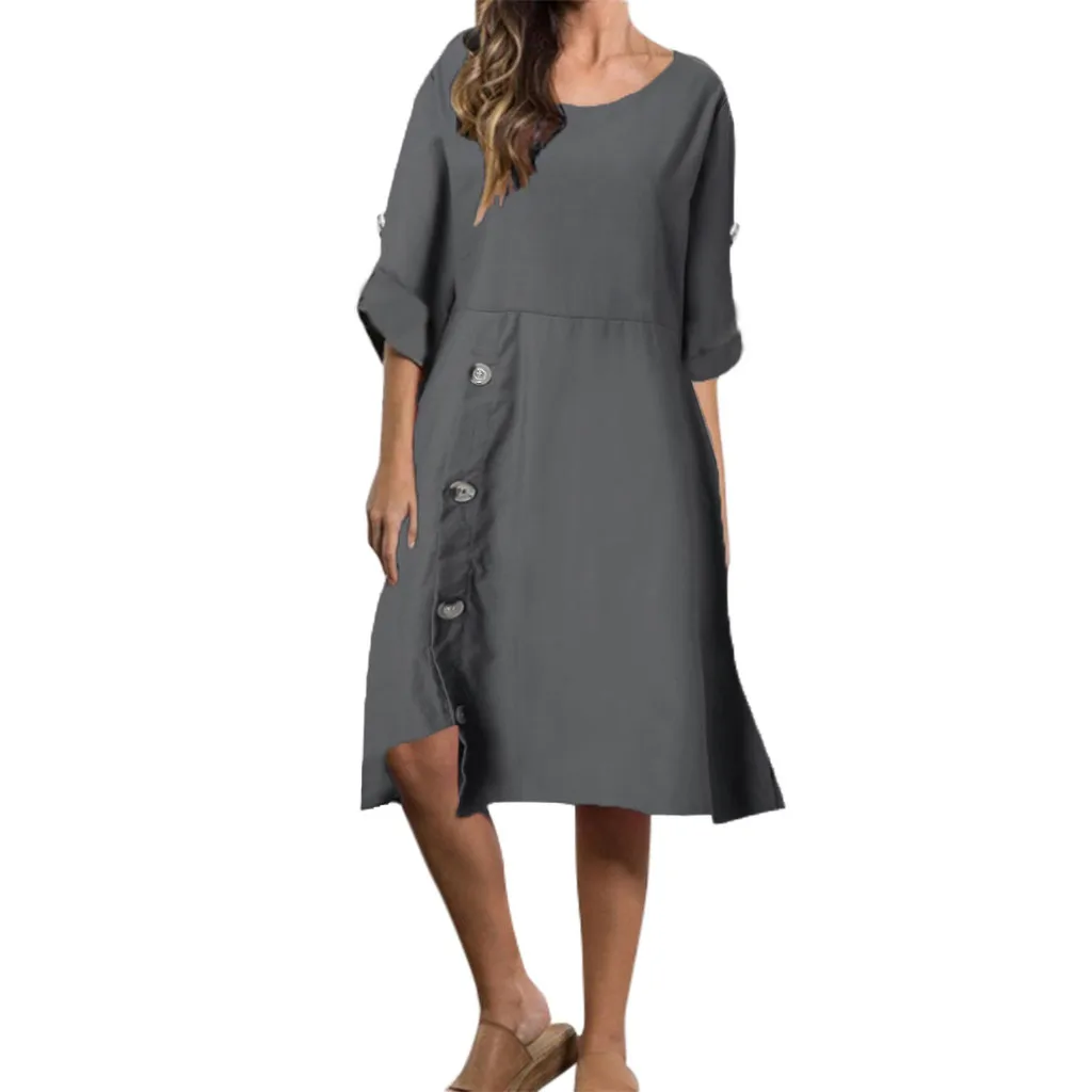 

Women Dress Spring Summer Bohemian Vintage Casual Long Dress Oversized Solid O-Neck Button Loose Long-Sleeved Dress L506