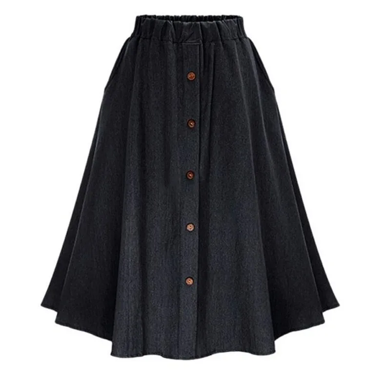 Осень-лето, повседневные джинсовые юбки размера плюс M-7XL с пуговицами на груди, Корейская длинная джинсовая юбка трапециевидной формы для девочек, сексуальная женская юбка - Цвет: Черный