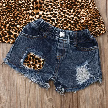 2Pcs Newborn Kids Baby Girls Leopard Print Tops Jeans Shorts Outfit Clothes 1-6Y 4