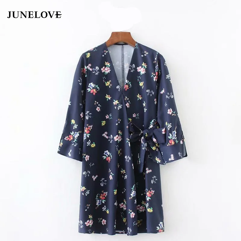 

2019 women vintage v neck floral vestidos printing loose bow dress elegant female three quarter sleeve casual mini dress