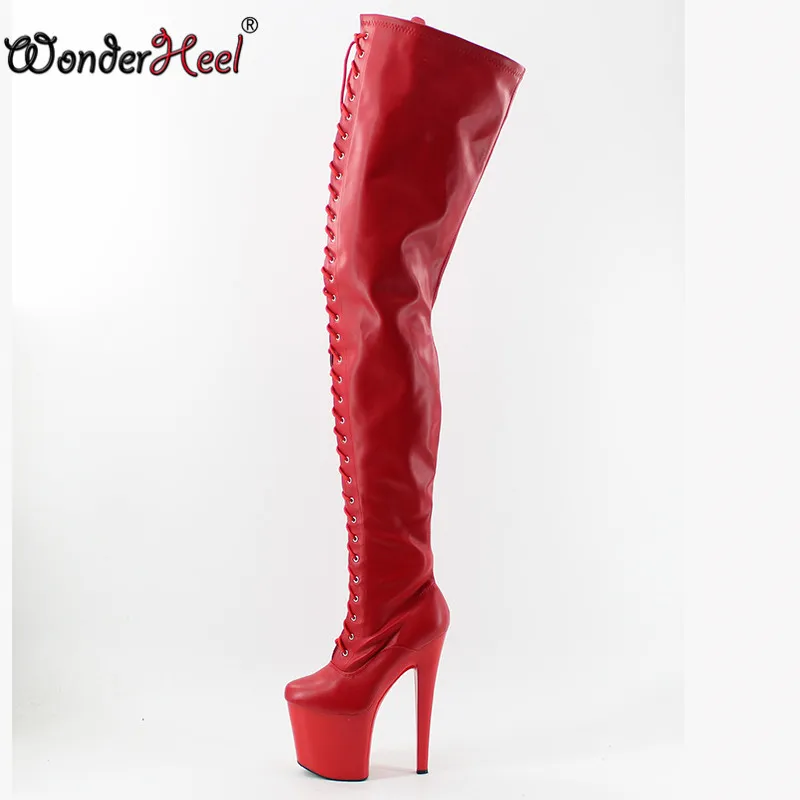 Wonderheel/Ультра Высокий каблук " каблук-шпилька на сплошной платформе; матовые красные сапоги выше колена, сексуальные фетиш сапоги женские на шнуровке сапоги до промежности