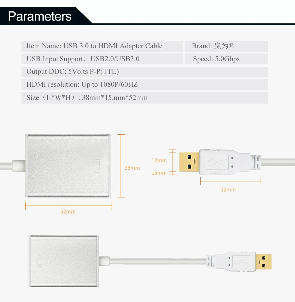USB3.0 Male to HDMI Female Converter Cable 1080P Cable Aluminium Alloy USB to HDMI External Video Card Multi Monitor Adapter (3)
