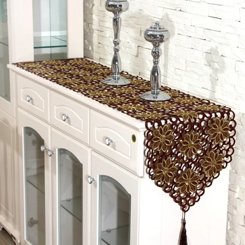 

HELLOYOUNG Brown Table Runner Embroidered Flower Cutwork Fabric Tablecloth Wedding Banquet Party Decoration 4 Size