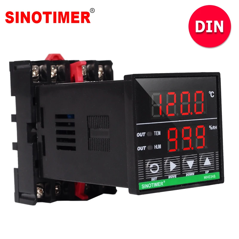 Sinotimer MH0348DIN DIN Rail Digital Humidity Controller with 3M UL Listed Cables and Combined Humidity and Temperature Sensor