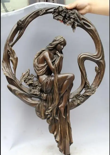 

27"Western Art sculpture Bronze Marble Seat Flower Ruminate Bell Statue