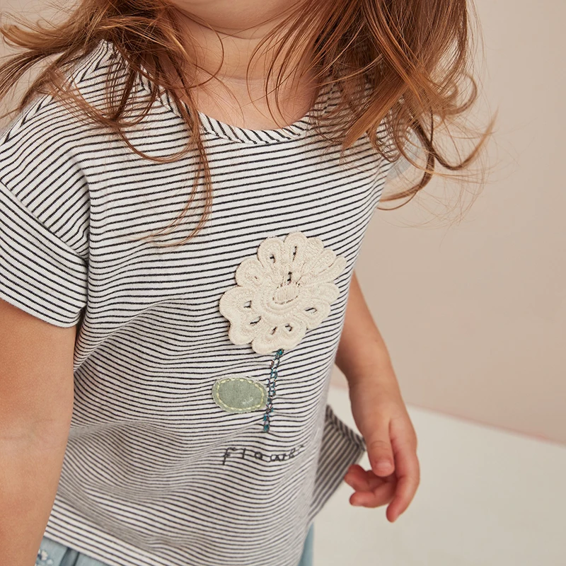 Little Maven New Summer Kids Clothing Short O-neck Striped 3D Flowers Applique Letters Knitted Cotton Girls Casual Tshirts Tee