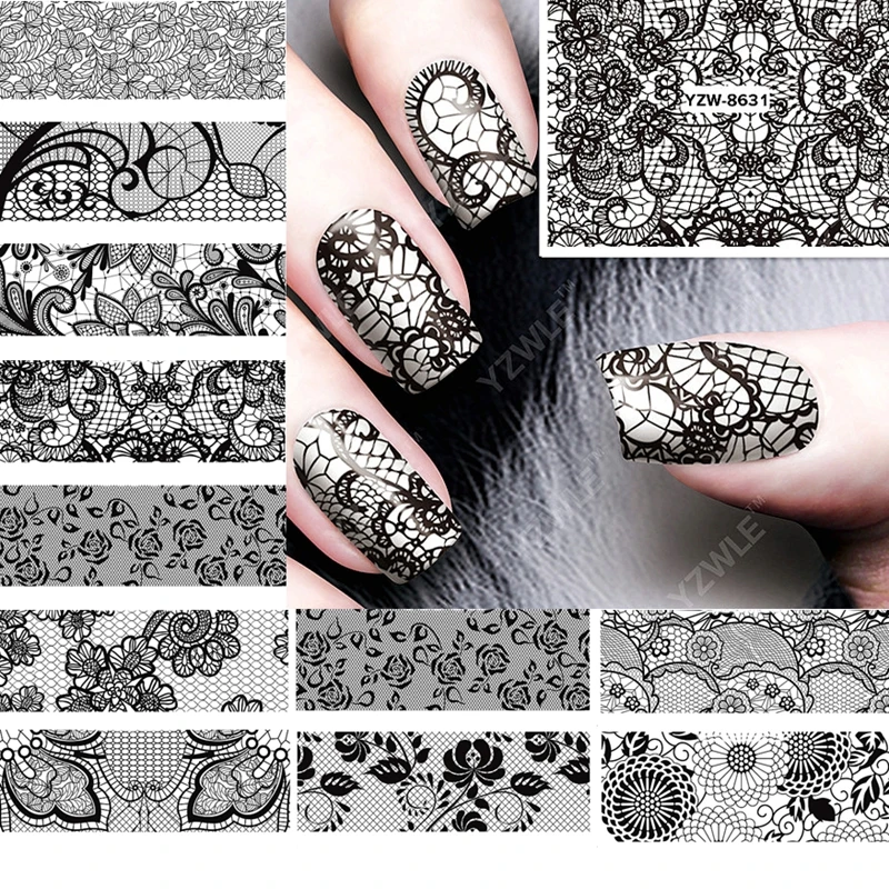 

12PCS/lot beauty black lace design water transfer nail art sticker decals for nails decoration accessoires manicure tools 62536