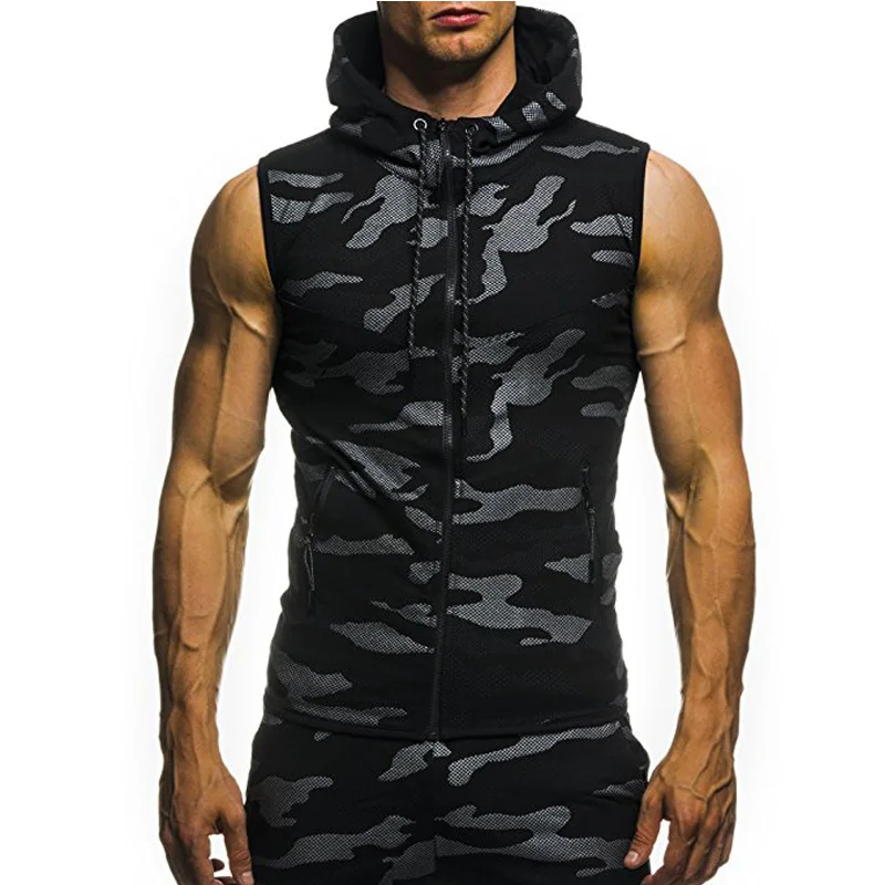 

2018 Summer New Camouflage Digital Printing Drawstring Hoodie Men'S Zipper Casual Slim Sleeveless Hoodie Young Men'S Wear W30