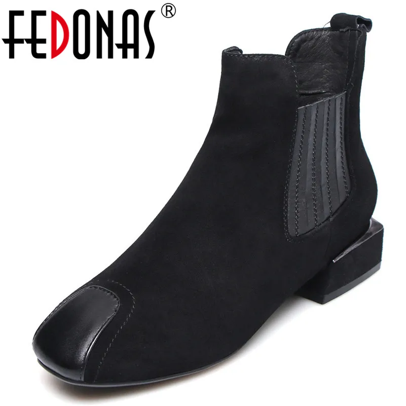 

FEDONAS New Women Ankle Boots Square Toe High Heels Autumn Winter Martin Shoes Woman Slip On Short Plush Motorcycle Boots Shoes