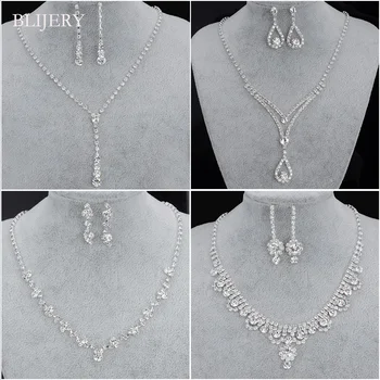 BLIJERY Fashion Bridesmaid Bridal Jewelry Sets for Women Rhinestone Crystal Necklace Earrings Sets Prom Wedding Jewelry Sets 1