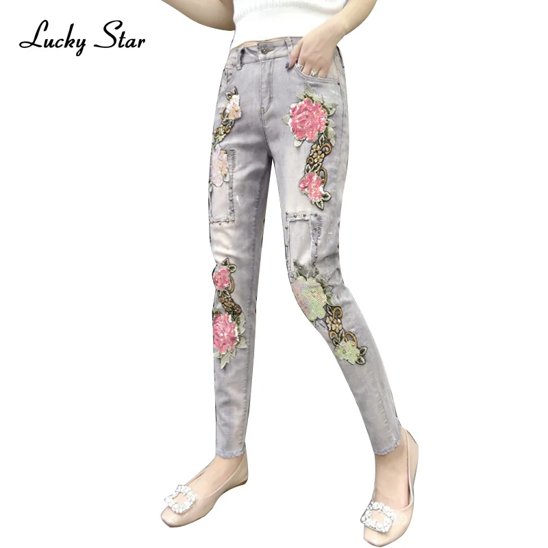 

Embroidered Flares Beading stretch pencil jeans pants Boyfriend Sequins Beading Stretch Ripped Jeans A175