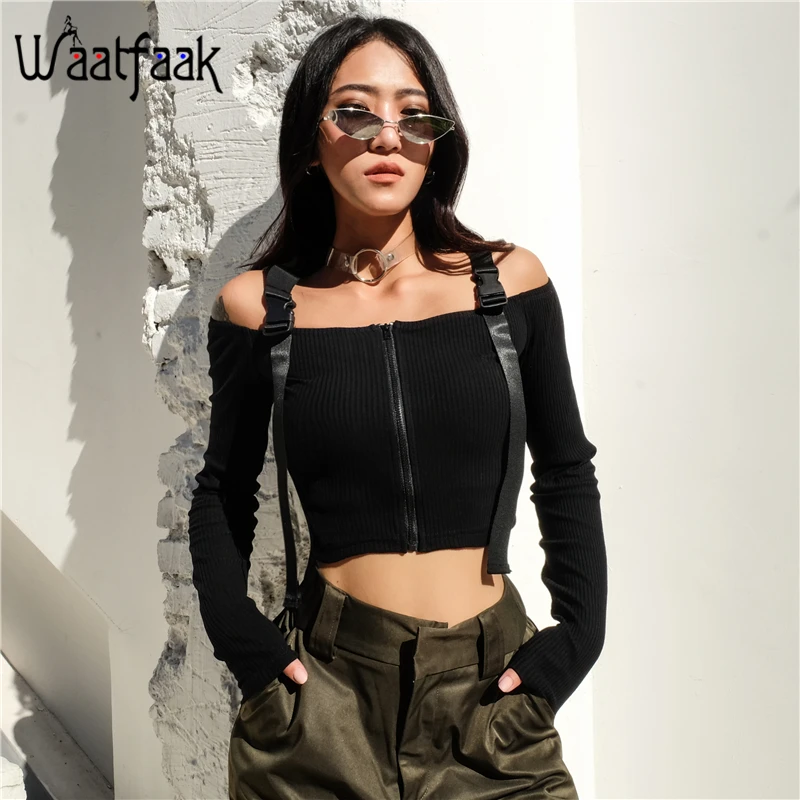 

Waatfaak Buckle Straps Hollow Out Autumn T Shirt Ladies Zipper Up Black Green Long Sleeve T-shirt Women Crop Top Tshirt Fashion