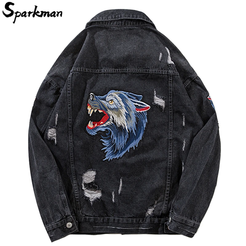 

2018 Autumn Distressed Denim Jeans Jacket Men Embroidery Wolf Hip Hop Streetwear Vintage Ripped Hole Denim Jacket Black Fashion