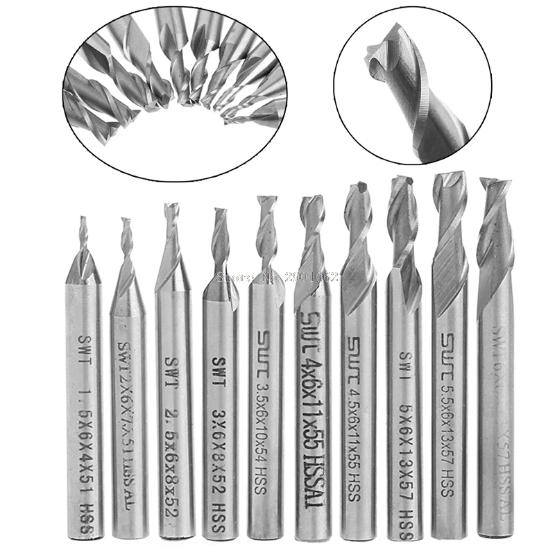 

10Pcs/set 1.5-6mm HSS Straight Shank 2 Flute End Mill Cutter CNC Drill Bit Tool -B119