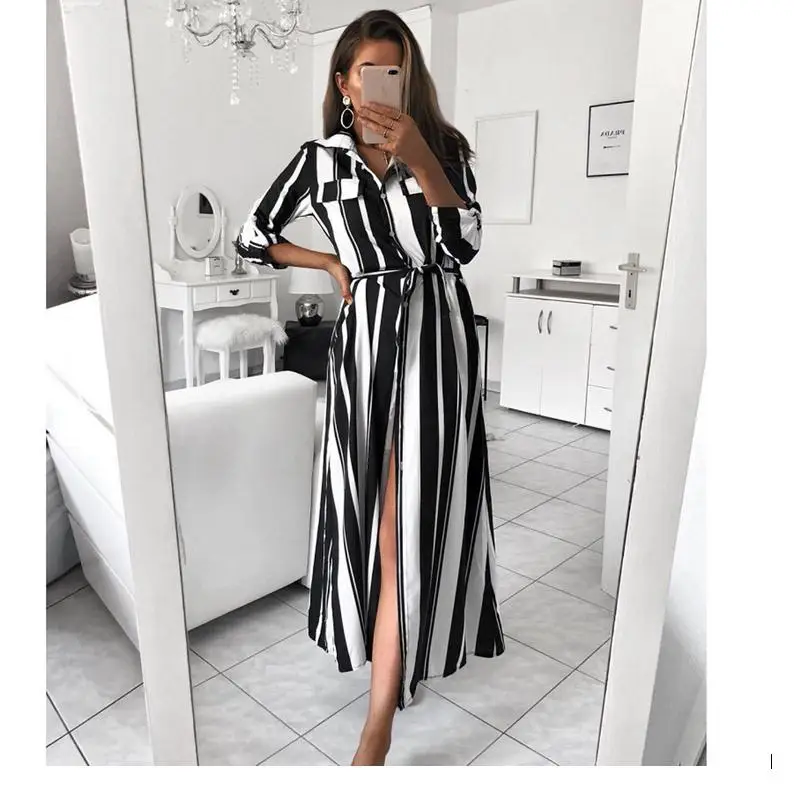 

Womens Summer Boho Colourful Striped Turn Down Collar Ladies Party Long Maxi Button T Shirt Dress