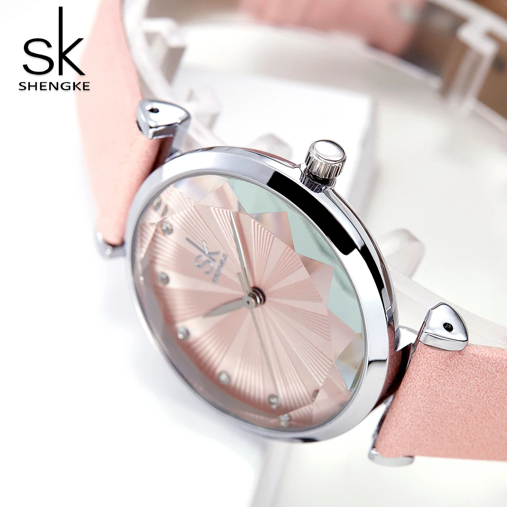 

Shengke Pink Luxury Rhinestone Watch Women Fashion SK Women's Watches Top Brand Ladies Wristwatch Leather Clock Gift Reloj Mujer