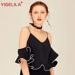 Бренд YIGELILA 7427 Последние Новые для женщин модные, пикантные с открытыми плечами рюшами Спагетти ремень черный топ