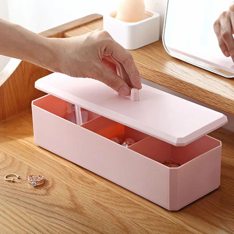 1 Pcs Simple Makeup Organizer 3 Grid Cosmetic Storage Box Sundries Finishing Boxes Dustproof Cotton Swab Cotton Pad Organizador