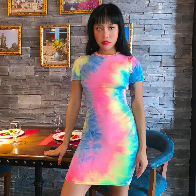 Радужное неоновое Tye Dye сексуальное платье-футболка женская летняя одежда модное мини облегающее платье с коротким рукавом