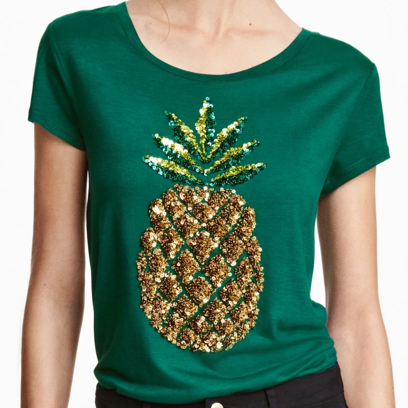 HDY Women T-shirts 2017 Summer Pineapple Sequined T Shirts Beading Tee Women Casual Short Sleeve Green Shirt chemise tube blusa Tops