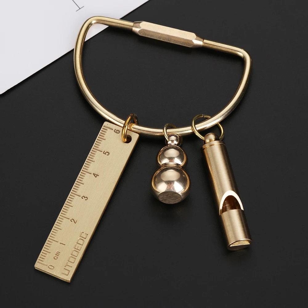 Creative Portable Brass Keychain Portable Unique DIY Craft Tools Whistle Ruler Key Ring Pendant Jewelry Keychain Accessories