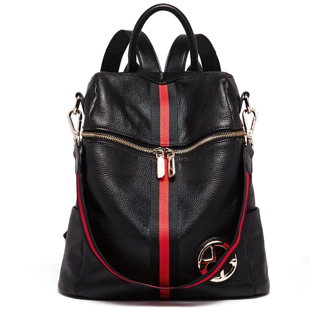 

BOSTANTEN Women Genuine Leather Backpacks Female Backpack School Bag Black Stripe Multifunctional Leather Back pack on Shoulder