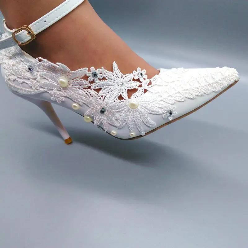 

Ankle strap point toes lace wedding shoes bride crystal pearls sexy super high thin 9cm heeled ladies bridal pumps shoes