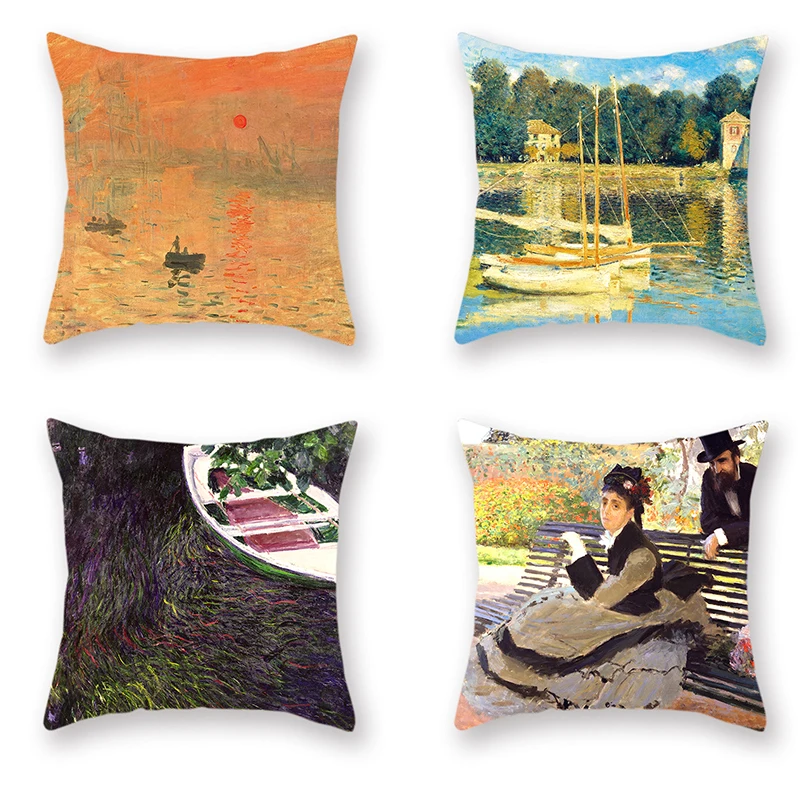 

4pcs/set Monet's Painting Cushion Cover Peach Skin Sunrise Estuary Pattern Pillowcase Sofa Car Seat Decorative Covers Home Decor