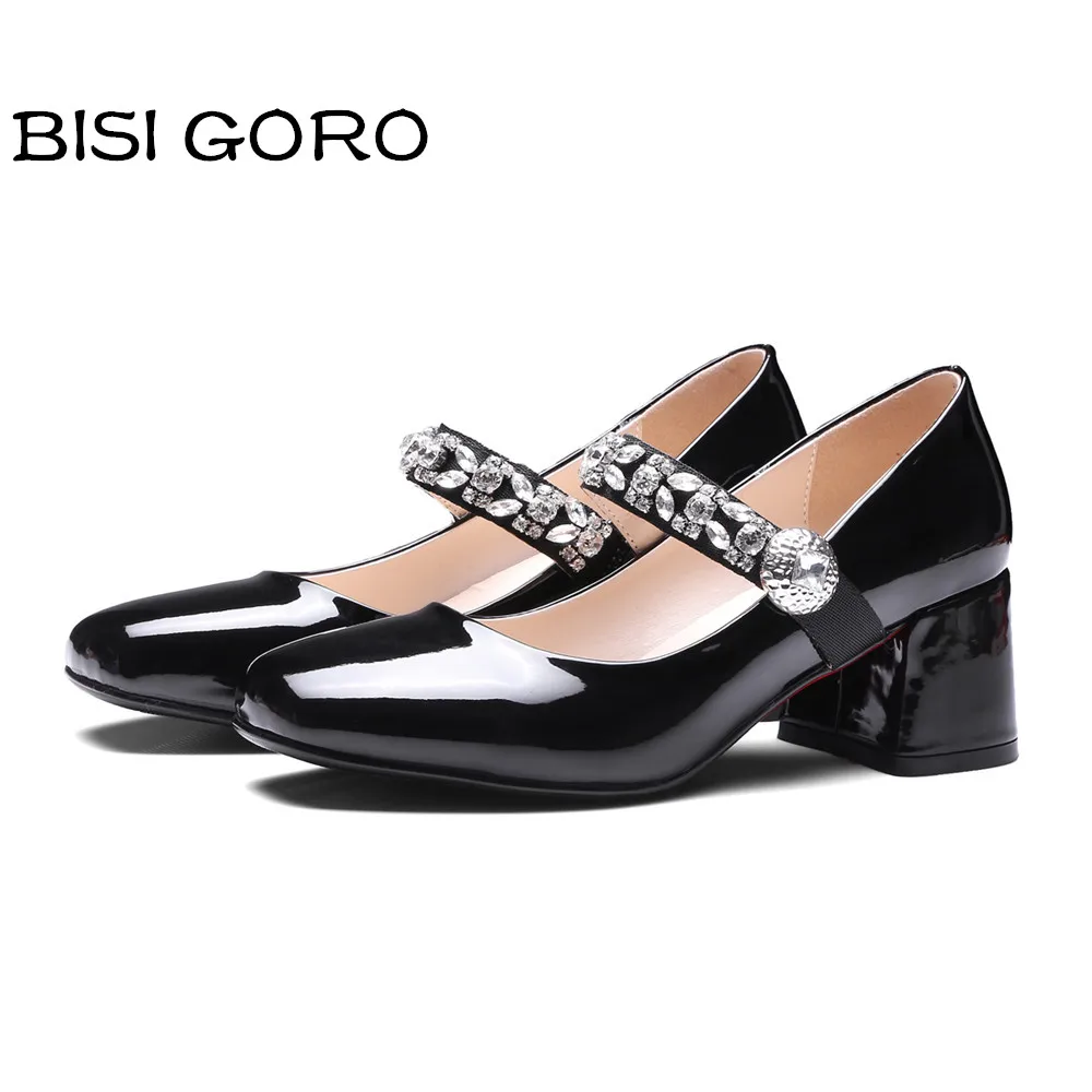 

BISI GORO patent leather women pumps thick medium heel white wedding shoes woman buckle chunky heel Mary Jane red black shoes