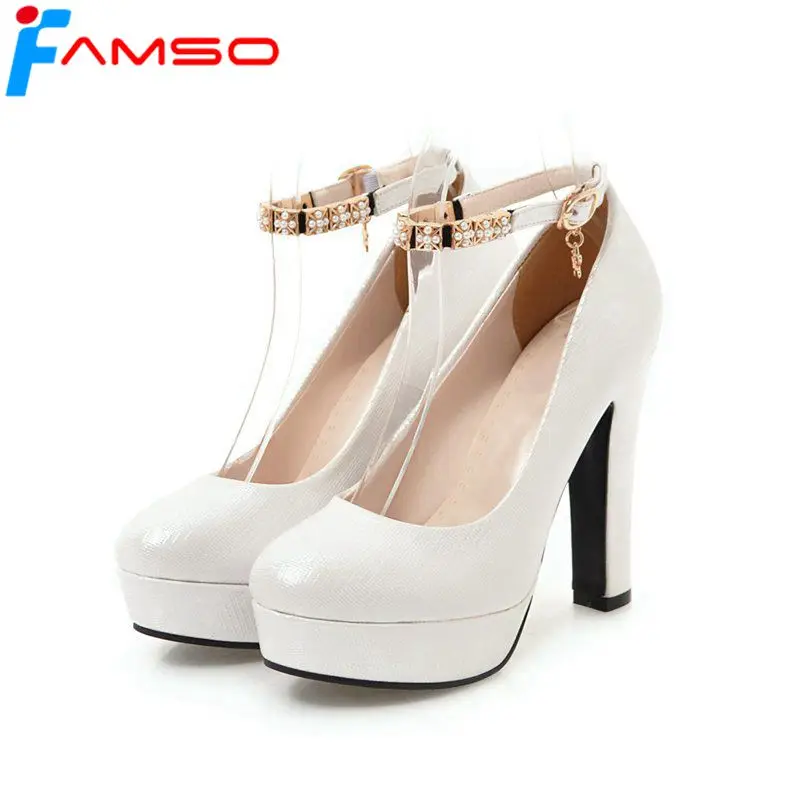 

FAMSO 2019 New Spring Women Pumps Red Ankle Strap Wedding High Heels Round Toe Platforms Pumps Beading Ladies Shoes