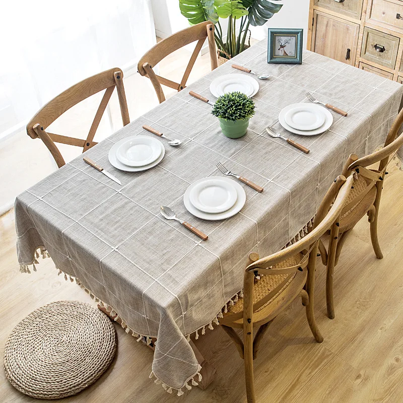 

Nordic Waterproof Tablecloth Imitation Cotton Embroidered Tassel Table cloth Geometric Line Striped Rectangular Tea Table Cloth