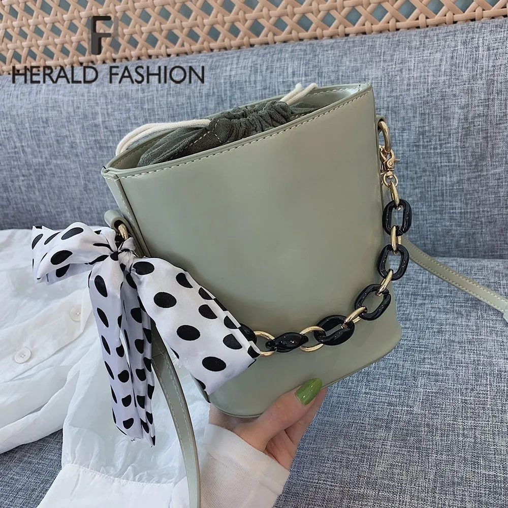 

Herald Fashion Women Bucket Messenger Bag Quality Leather Drawstring Female Shoulder Bags with Dot Scarves Ladies Crossbody Bags